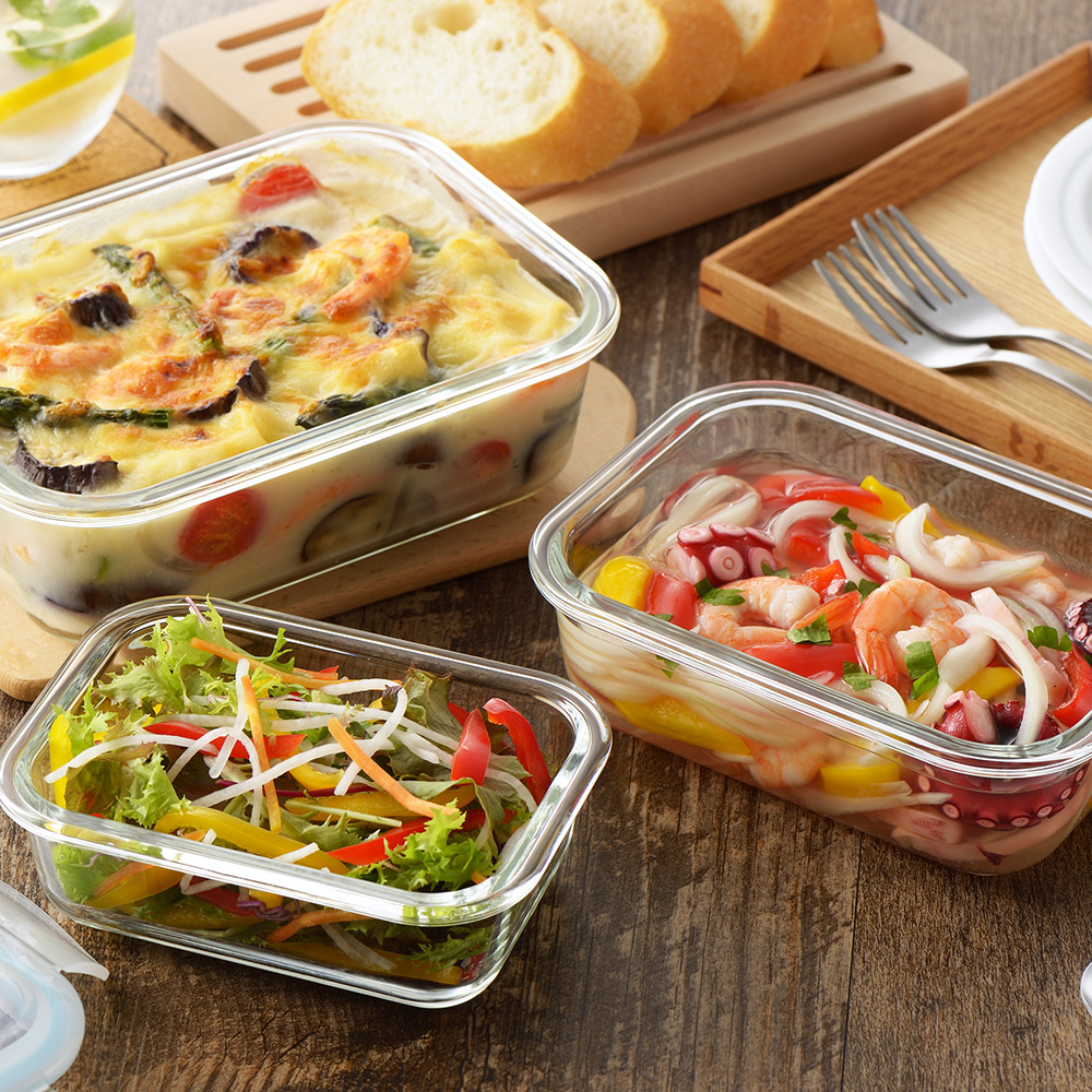 グラスコンテナ4点ロック式ガラス保存容器3pcs